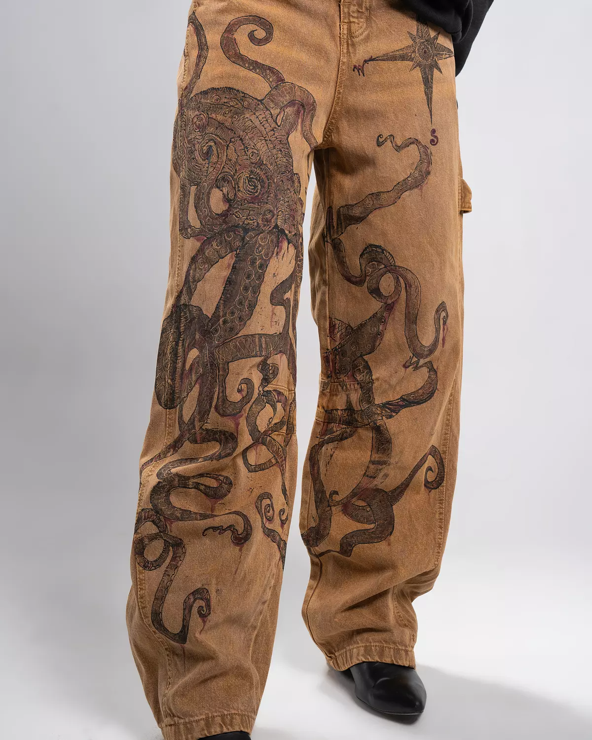 “ Giant octopus “ 1of 1 hand-printed & painted denim pants  hover image