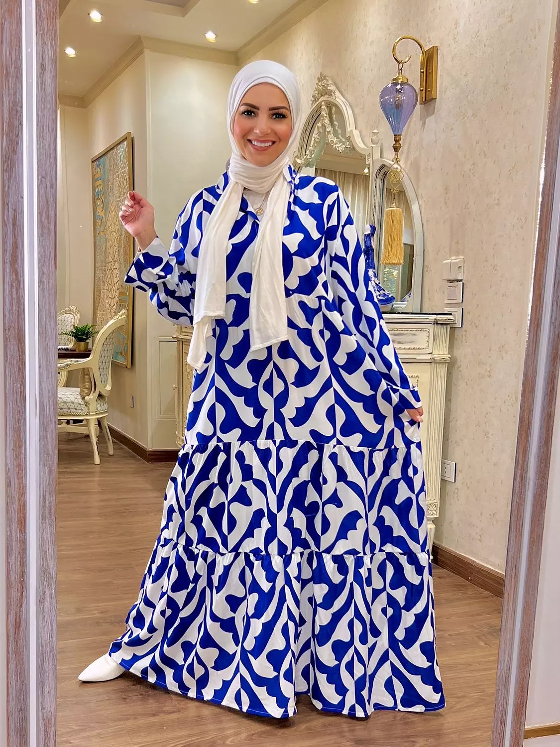 Long Sleeve Over Sized Printed Dress - Blue