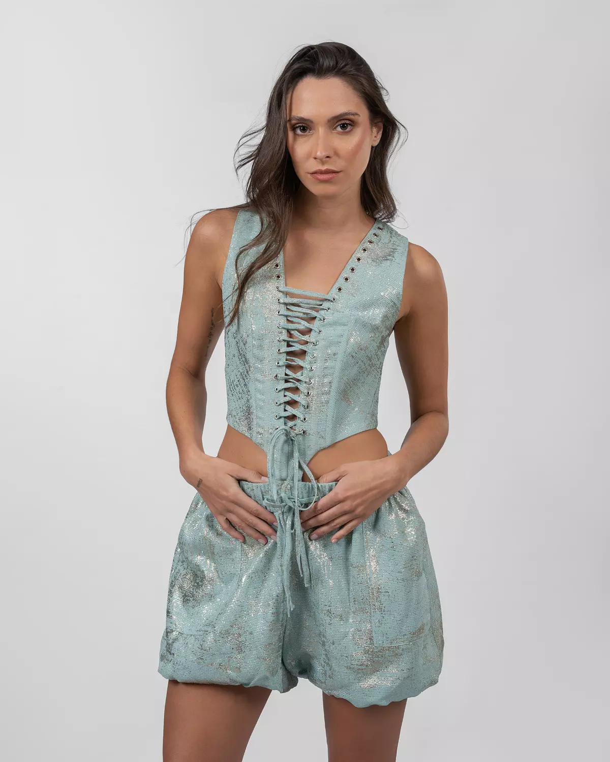 Shimmery Pastel Blue Cut-Out Romper  2