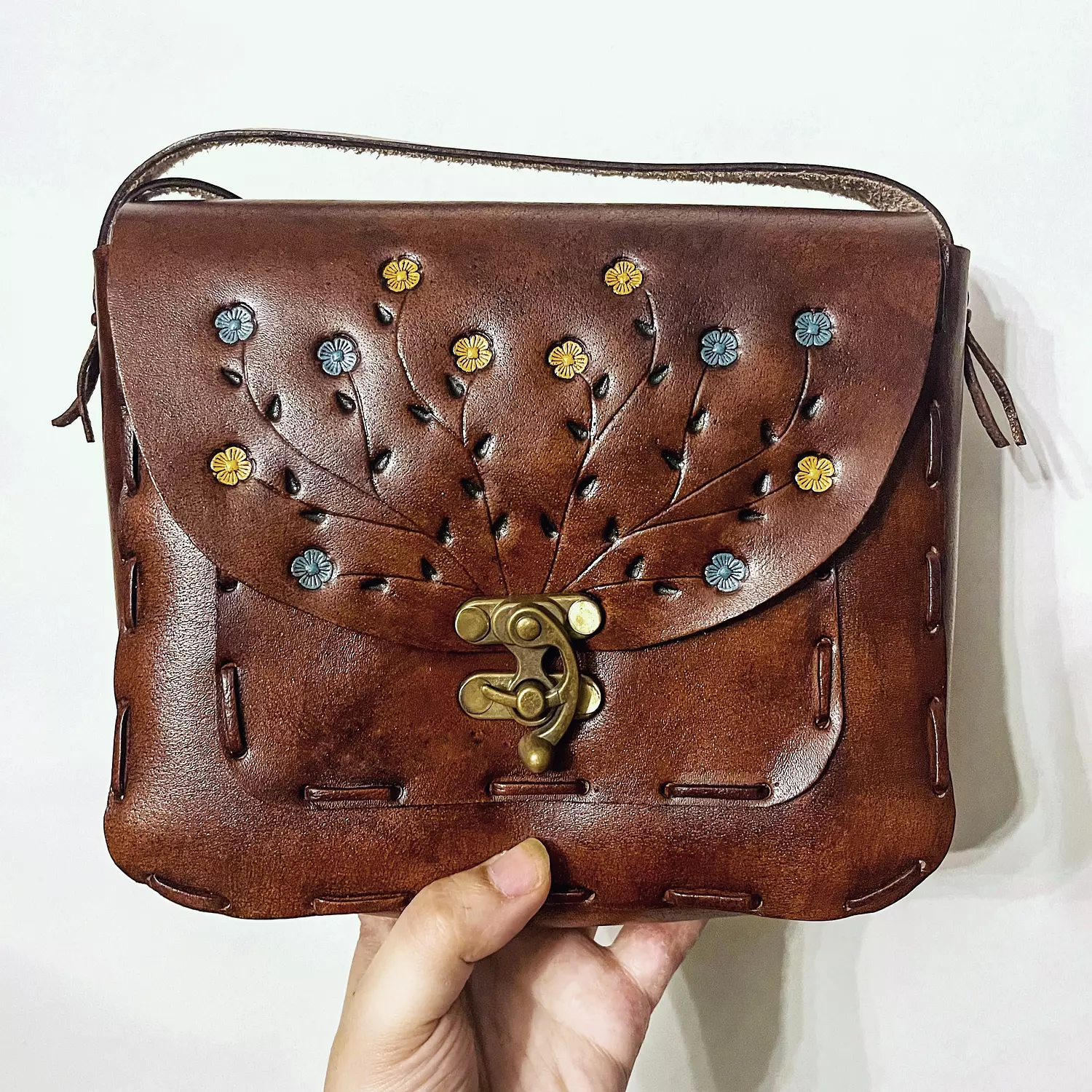 Hand painted yellow-blue flowers leather bag image