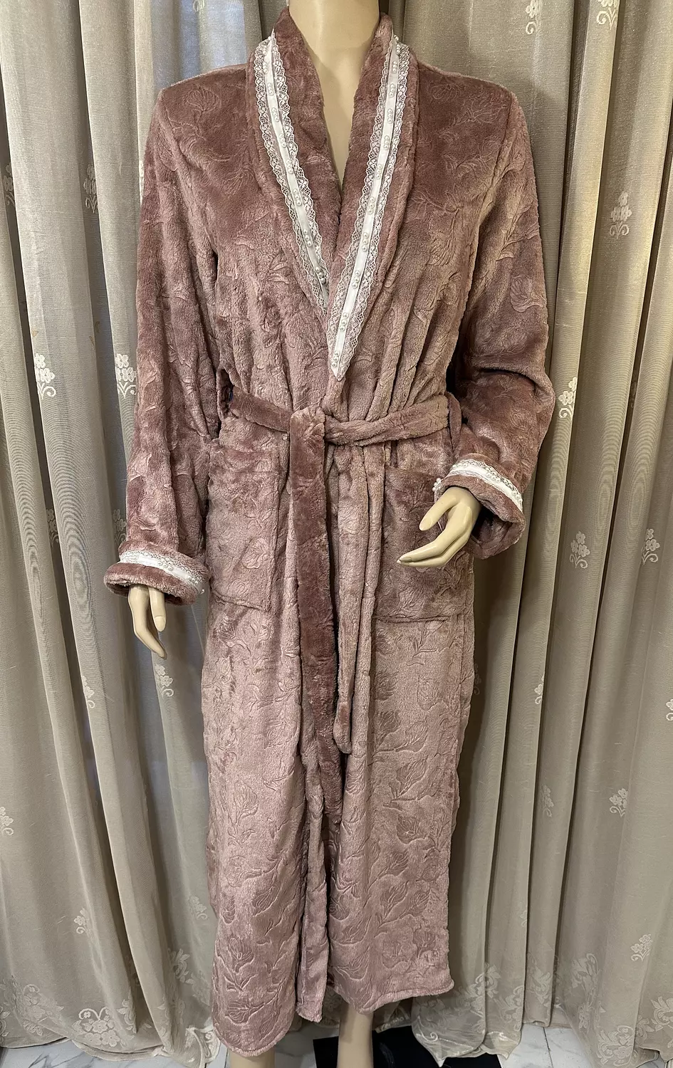 Rose Taupe Embossed Lace Winter Robe 1
