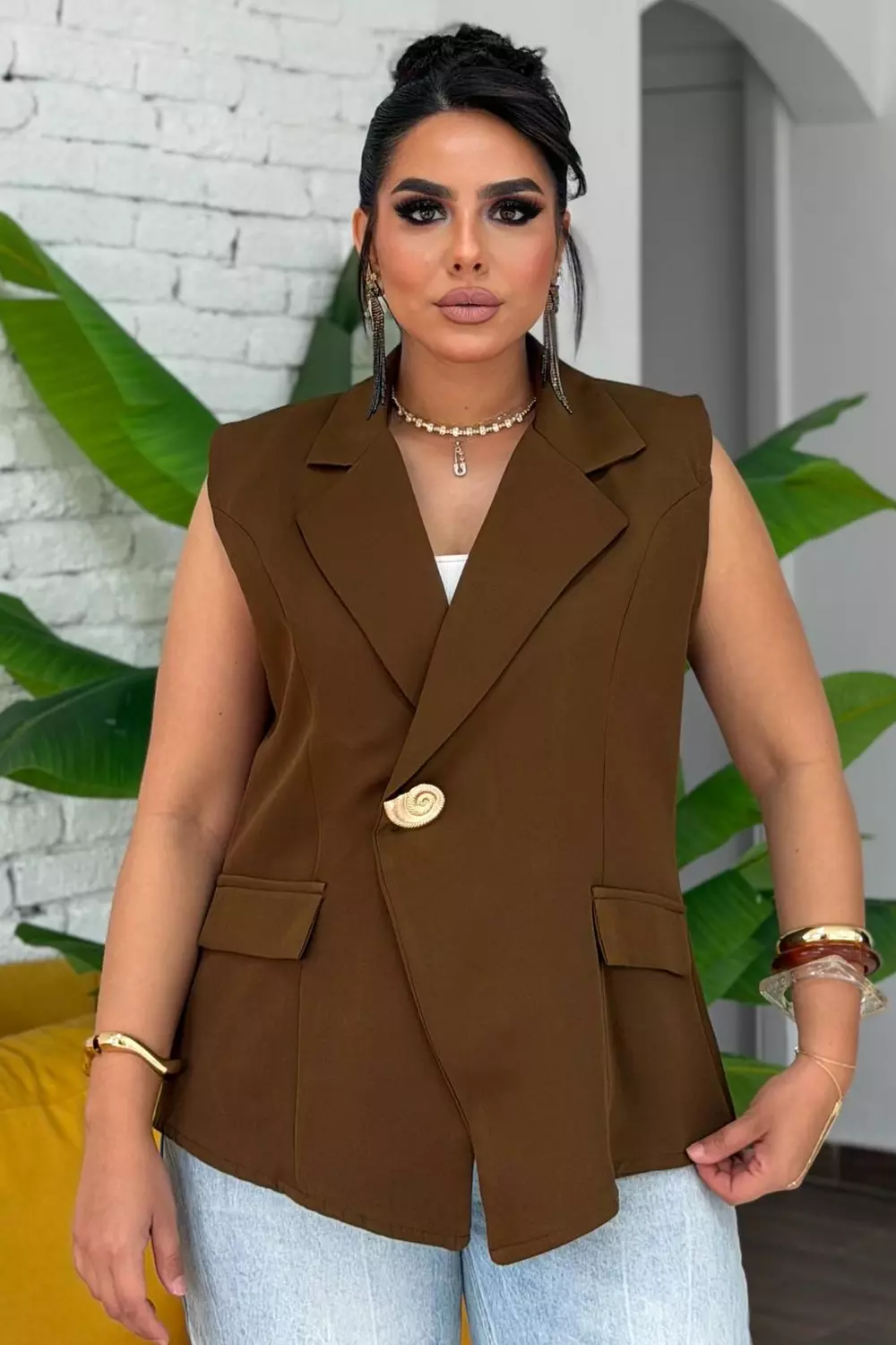 Turkish Crepe Blazer Vest with Shell Gold Button 3