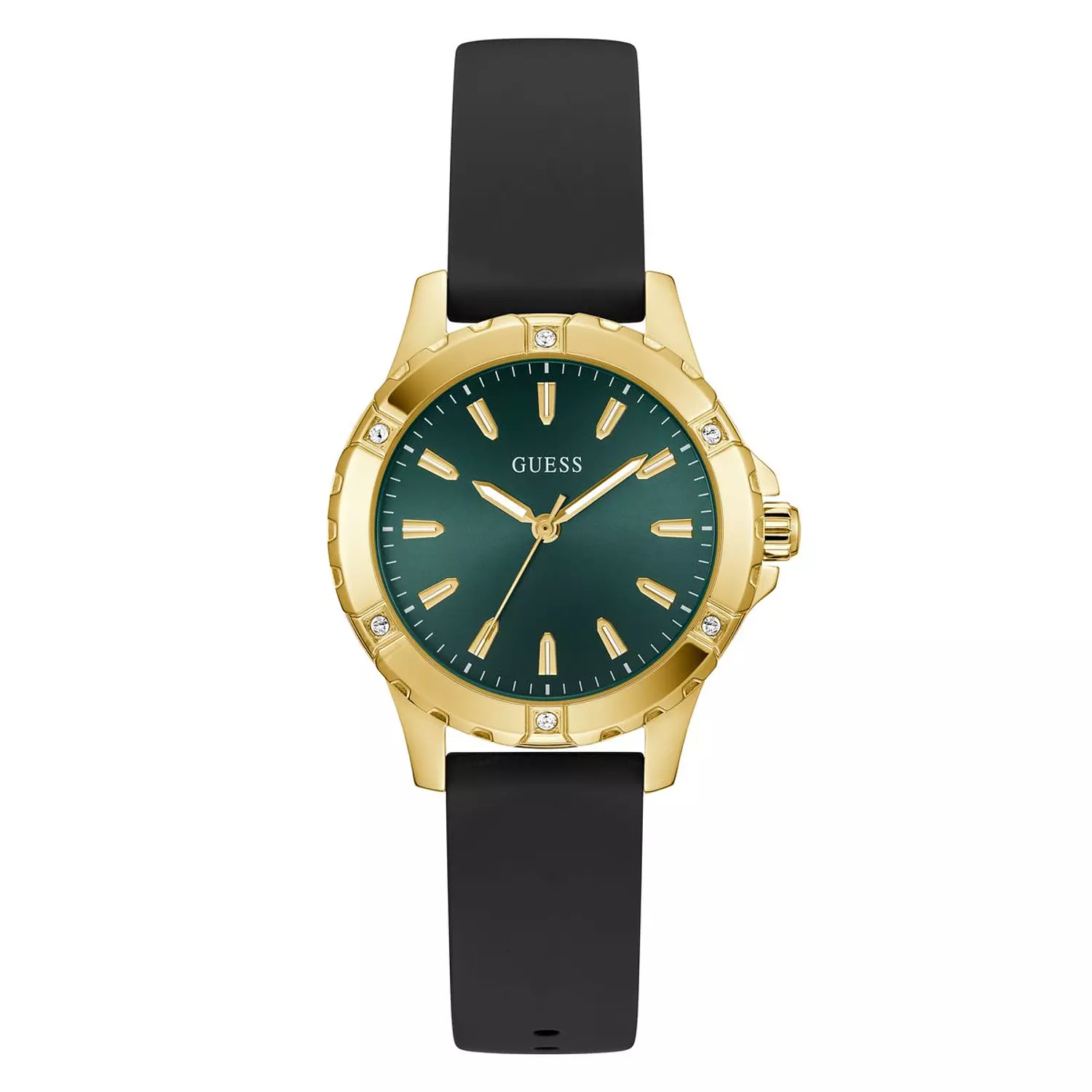 GUESS MIST Ladies Black Gold Tone Analog Watch BLACK Silicone Smooth Strap image