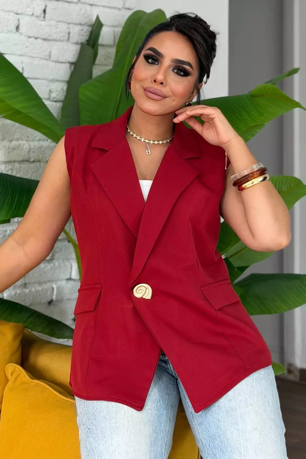 Turkish Crepe Blazer Vest with Shell Gold Button 8