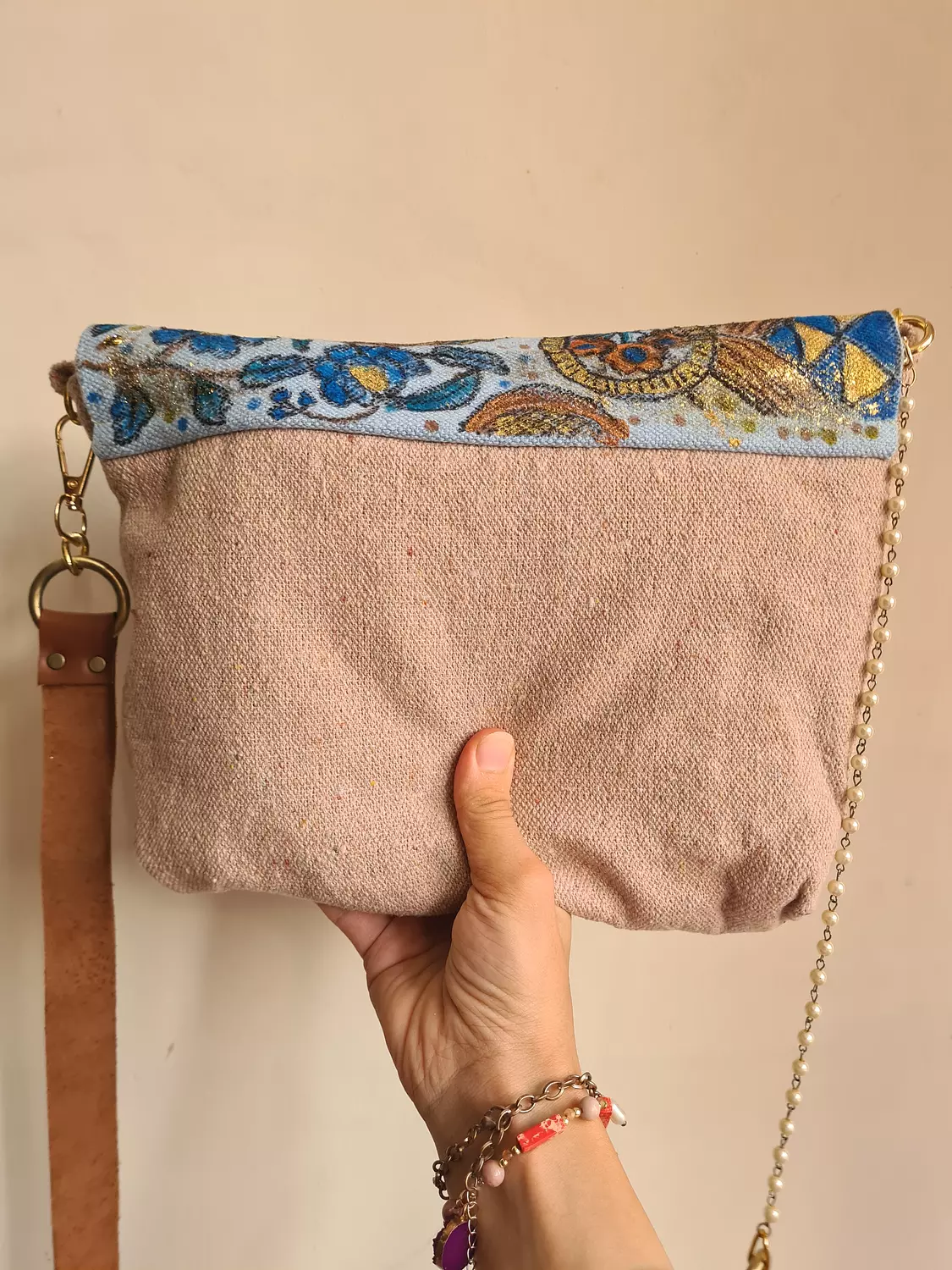 Mixed media fabric bag with genuine leather long strap 1