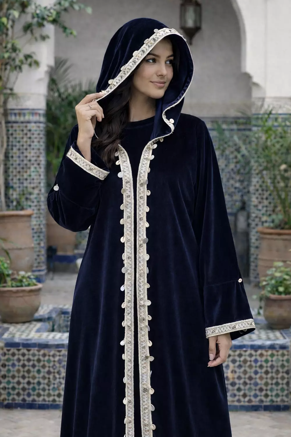 Women's Velvet Ramadan Hooded Kaftan with Lace Trim, Long Sleeve Abaya Robe 5