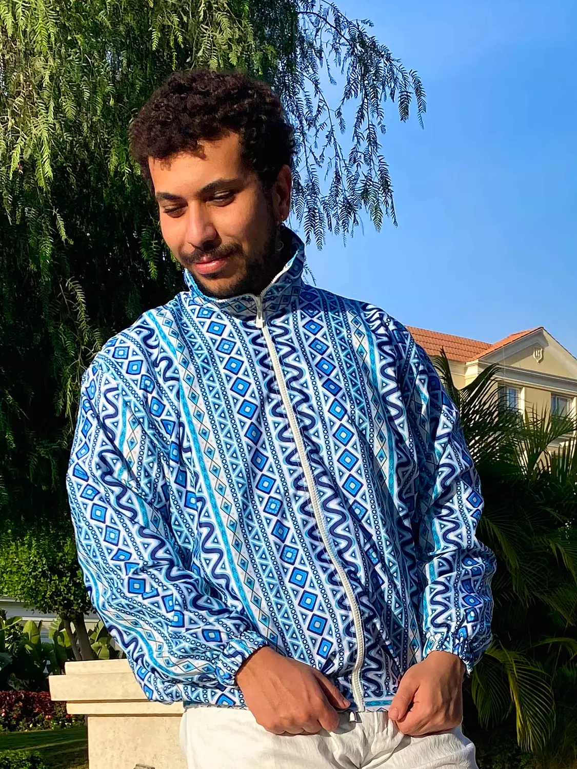 Tribal Patterned White and Blue Bomber Jacket 2