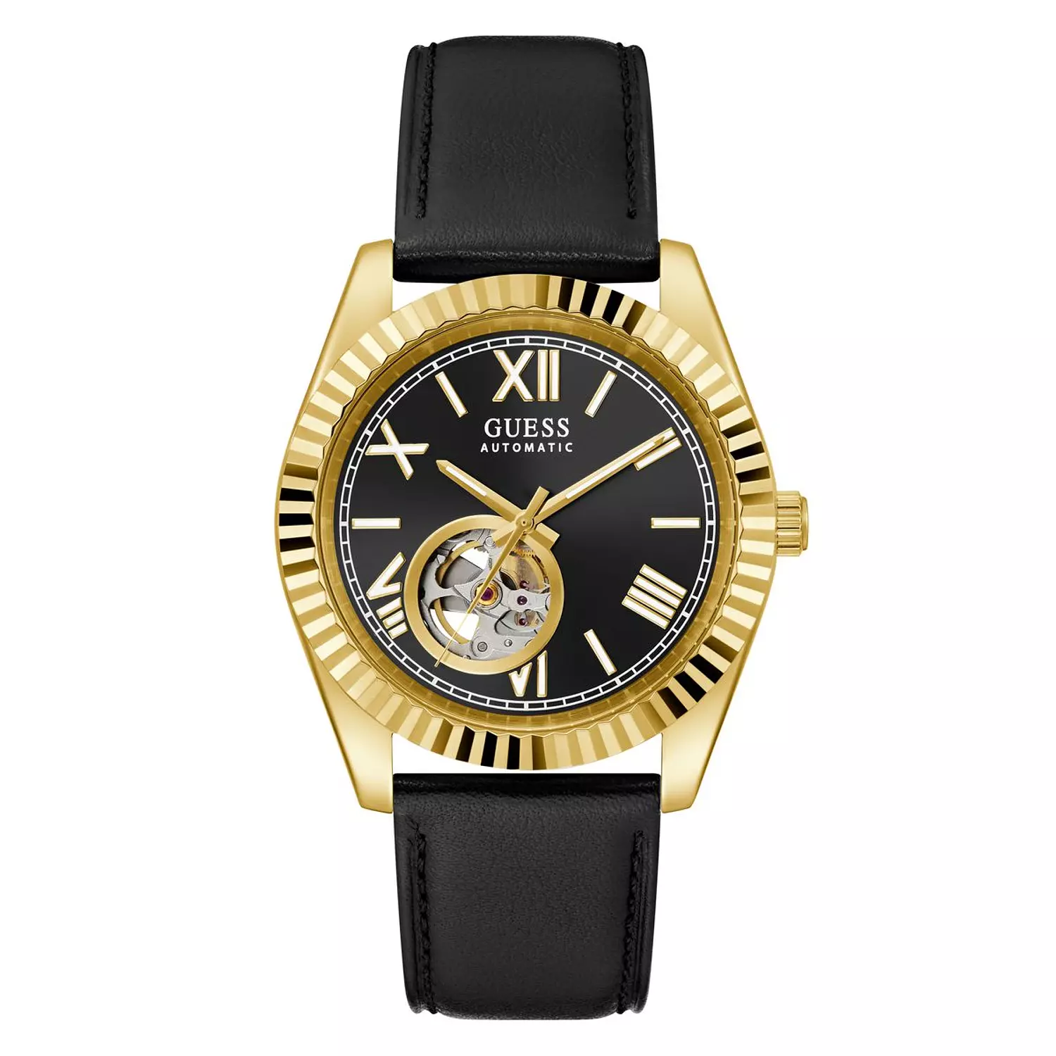 GUESS CONNOISSEUR Mens Black Gold Tone Automatic Watch Black Genuine Leather Brushed/Polished Strap image