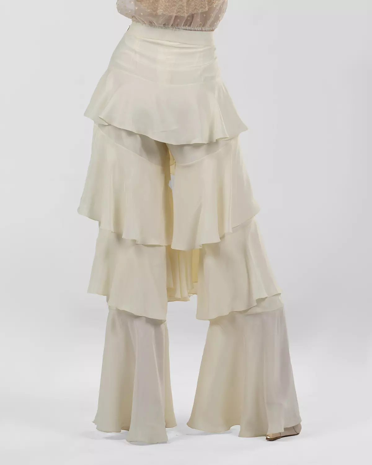 Chic Off-White Silk Ruffled Wide-Leg Pants image