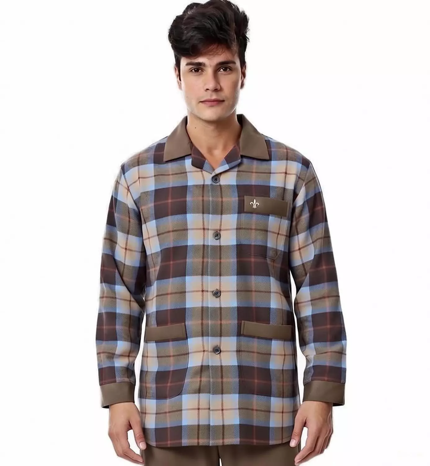 Shorto Classic Viyella Material Pajama Set - 2300 -Brown * Light Blue* Red Line 2