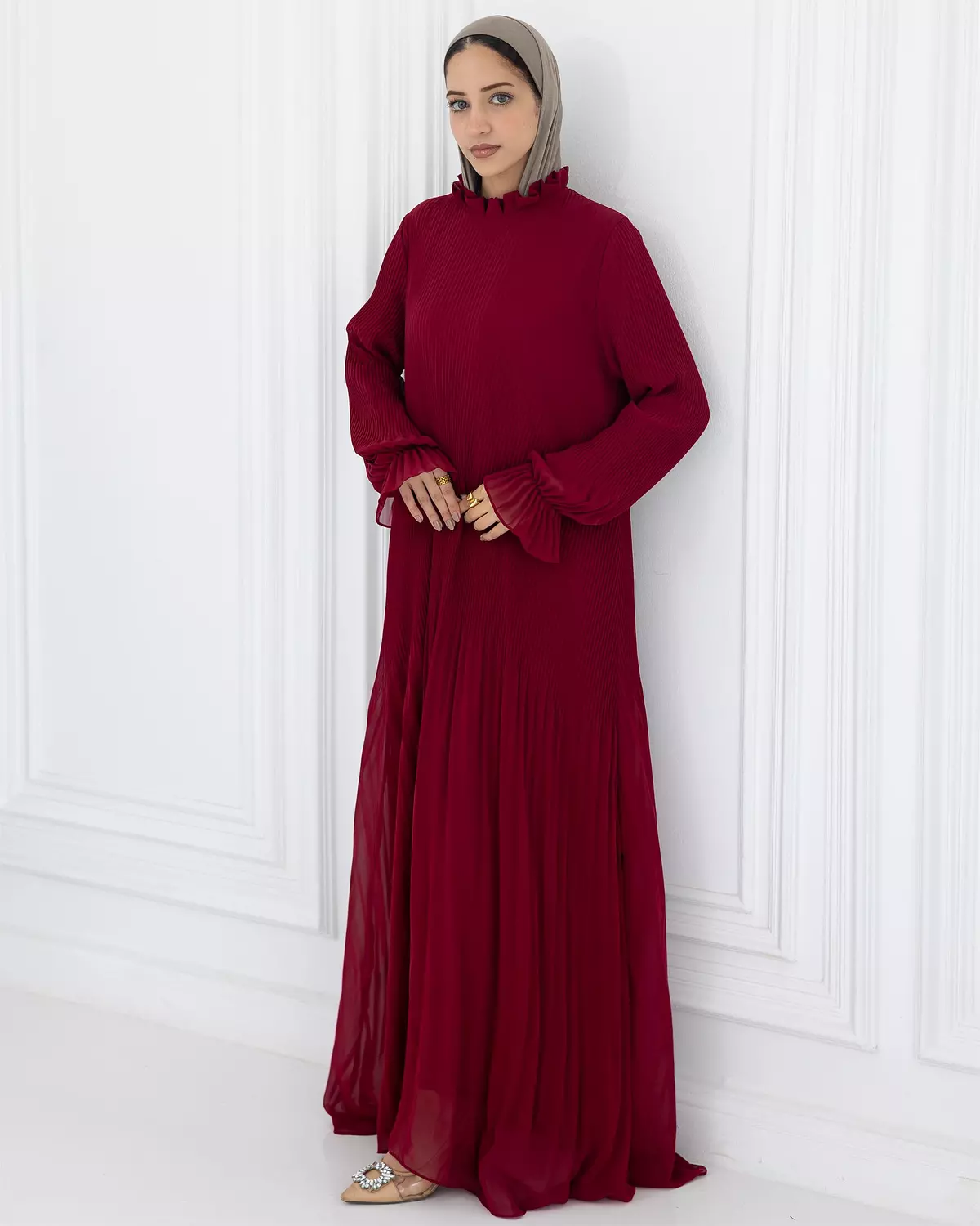 Chiffon Pleated Dress | Burgundy image