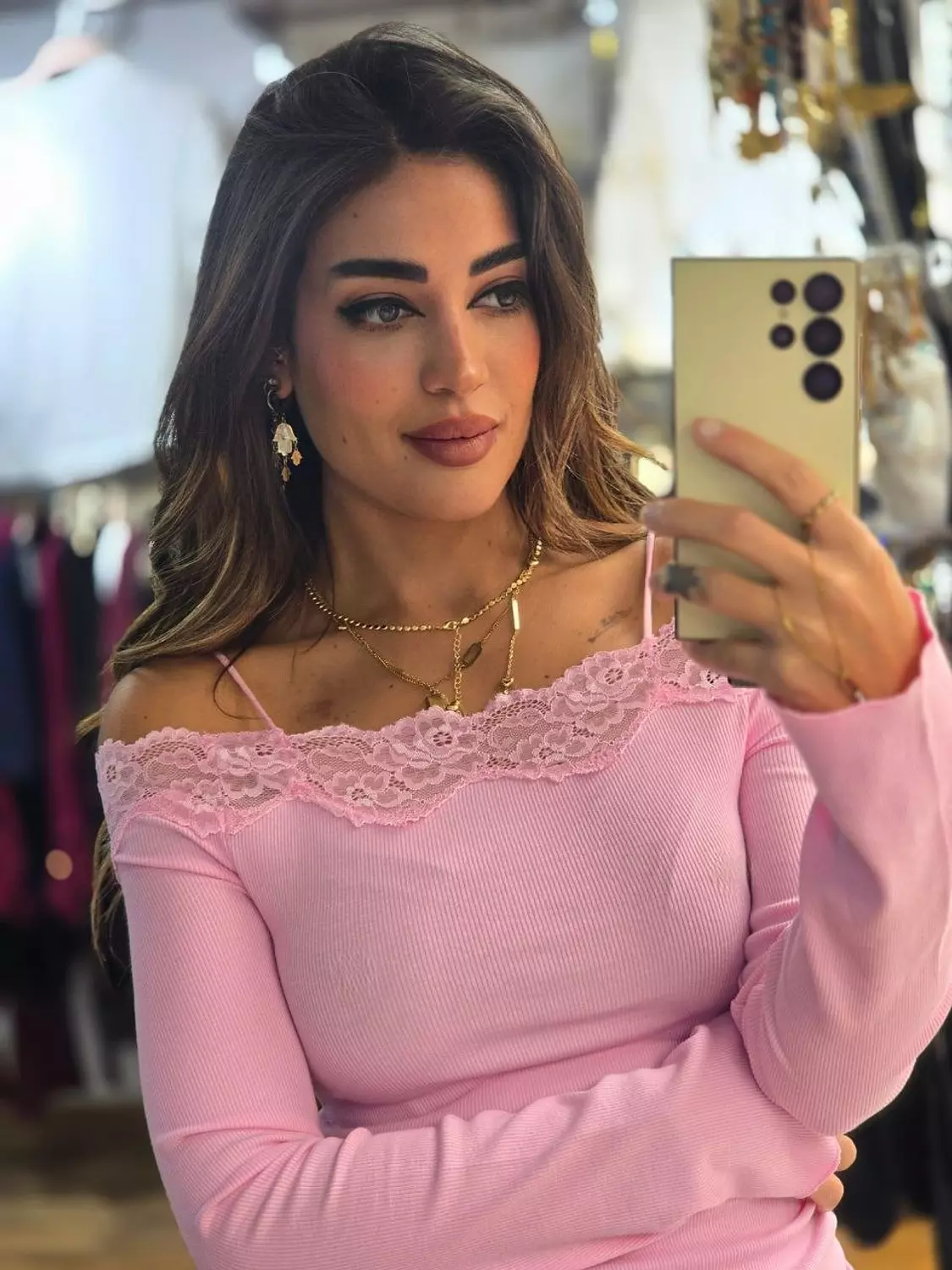 Pink off-shoulder lace top 2