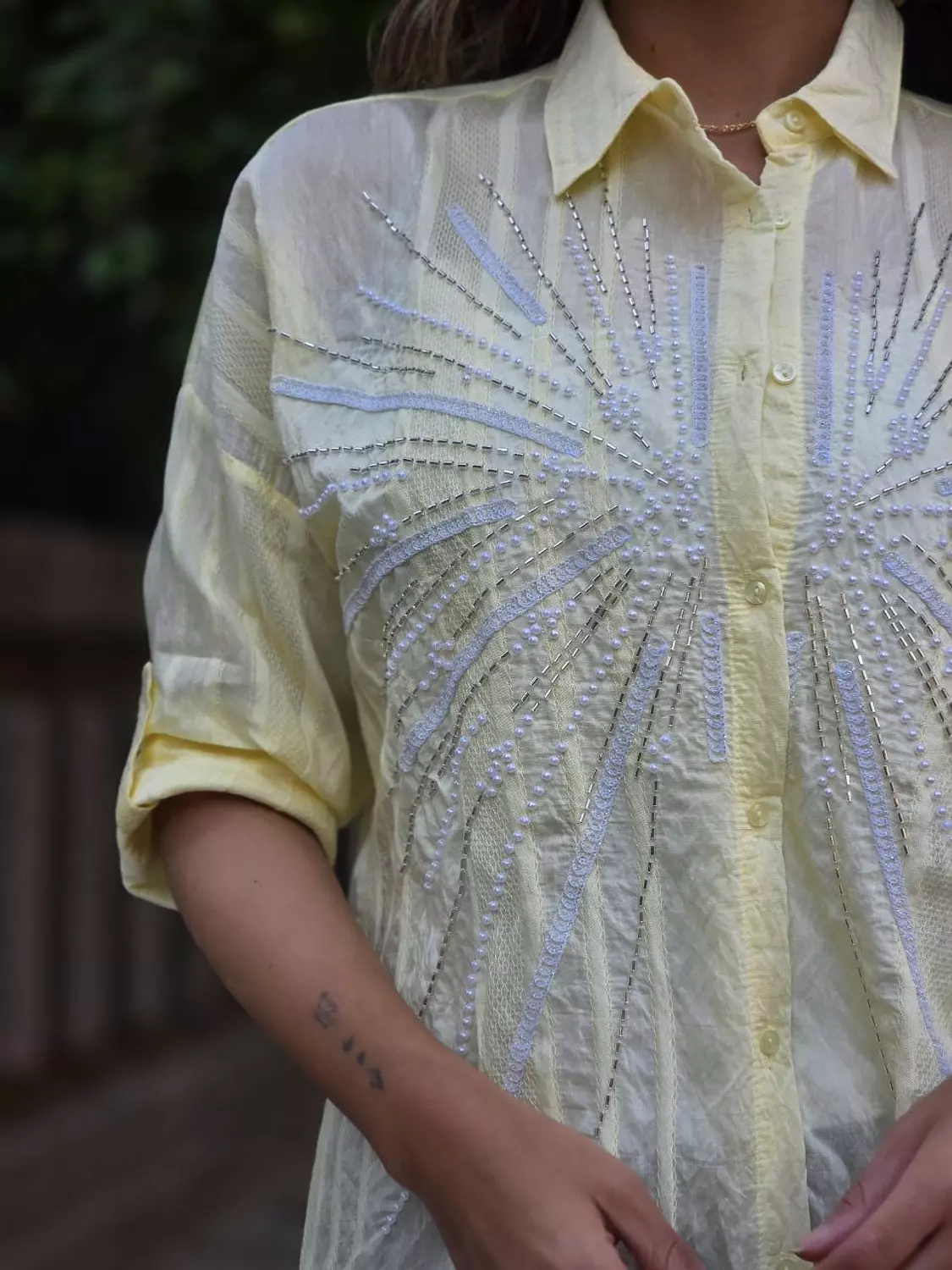 Yellow linen pearl embroidered shirt image