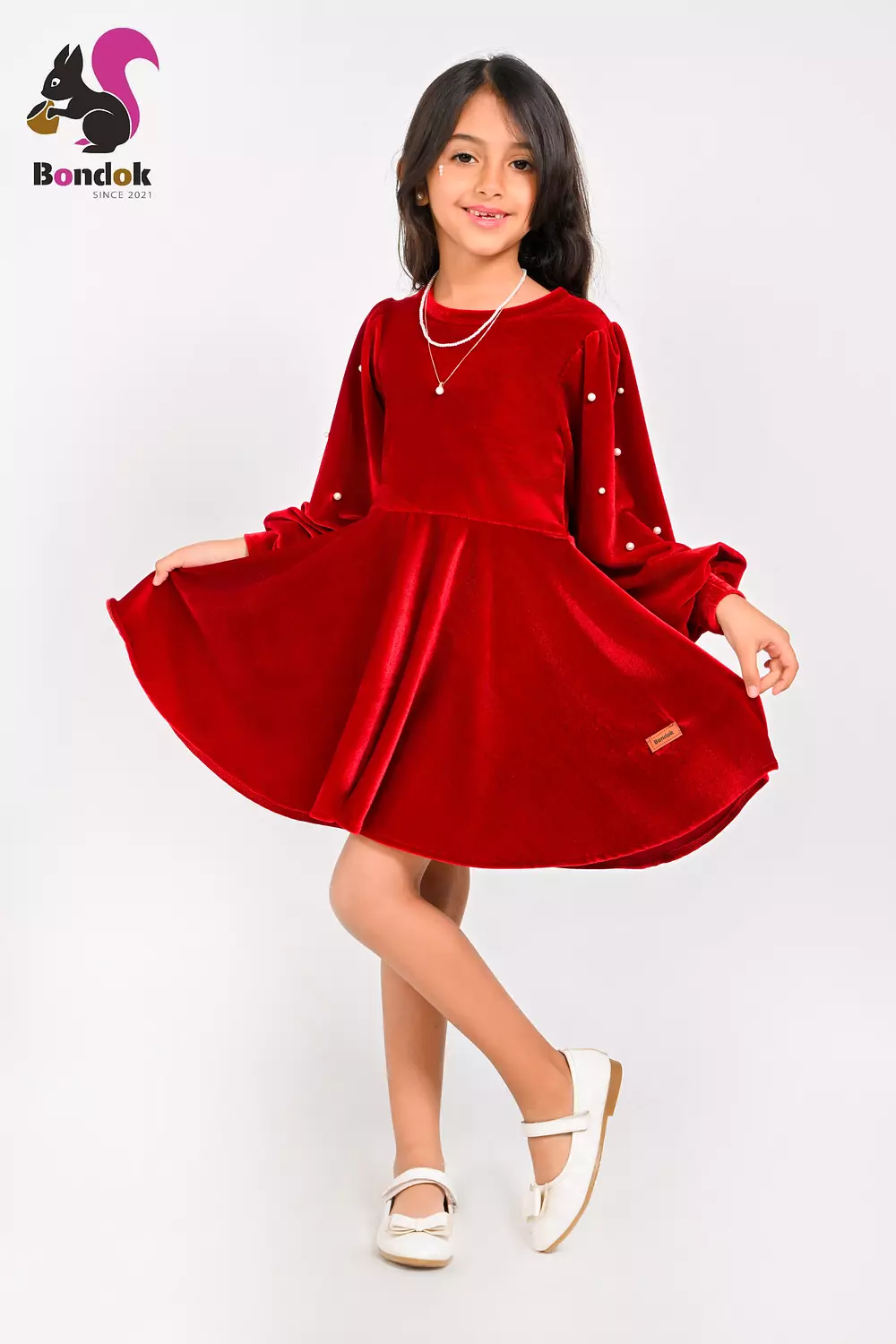 Loly Girls Velvet Dress with Pearl Details, (Red, Navy Blue, Emerald Green, Deep Fuchsia and Black) 10