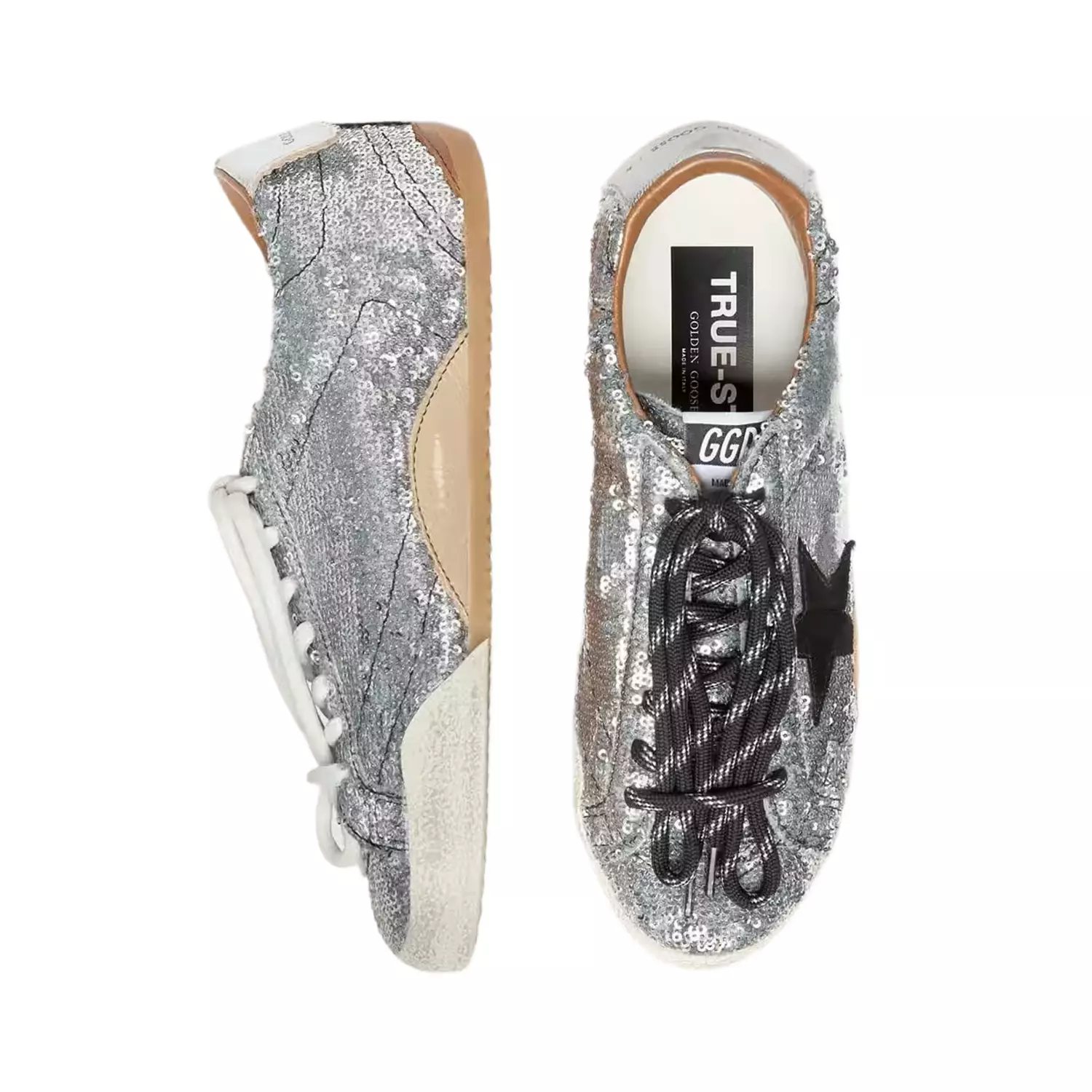 Golden Goose True-Star Sneakers in Silver Sequin with Black Star 4