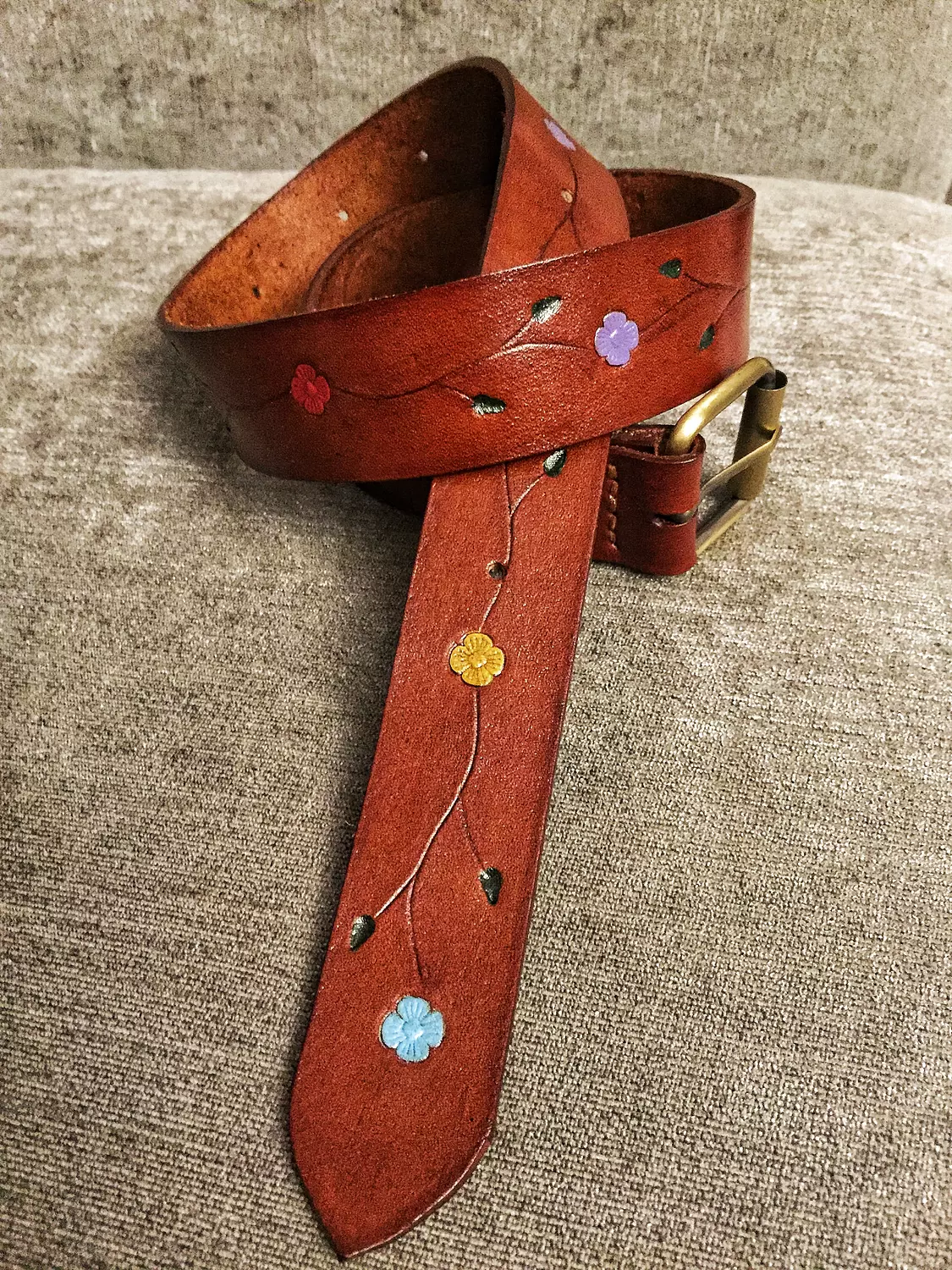 Tooled leather belt - painted flowers branches  5