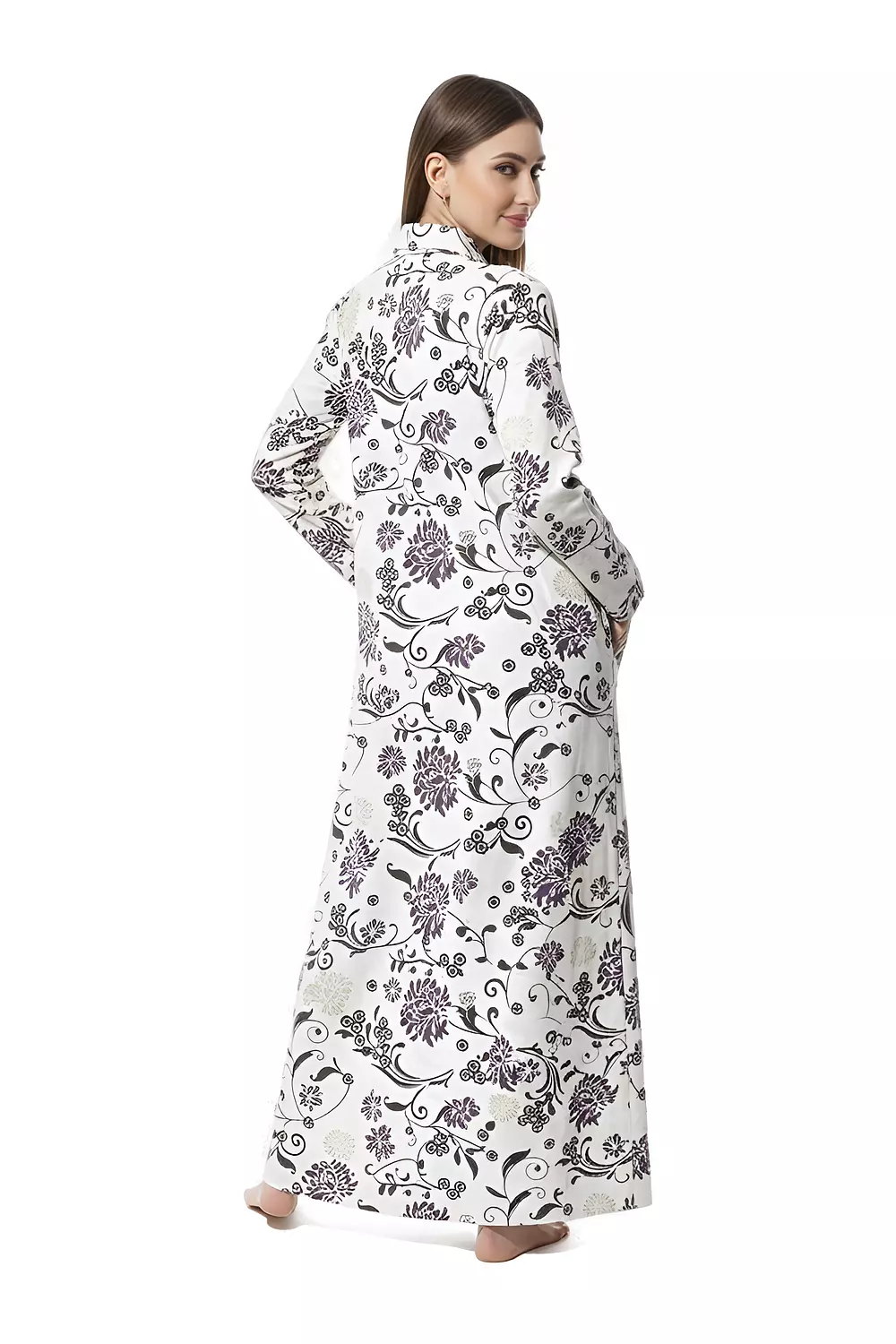 Shorto Women's Collar Fleece Flowers Printed Nightgown - 2647 - Sugar Beige 4