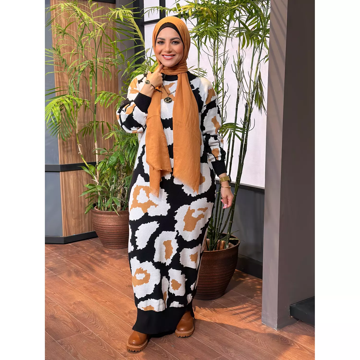 Tiger Printed Knitted Dress - Black and Camel hover image