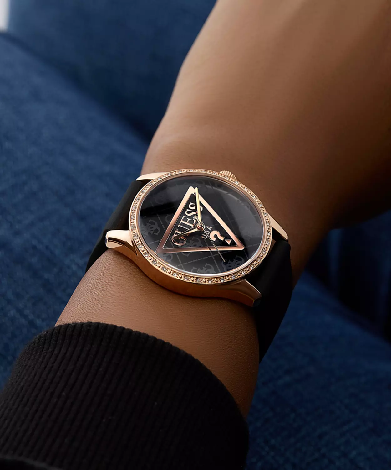 GUESS Ladies Black Rose Gold Tone Analog Watch 7