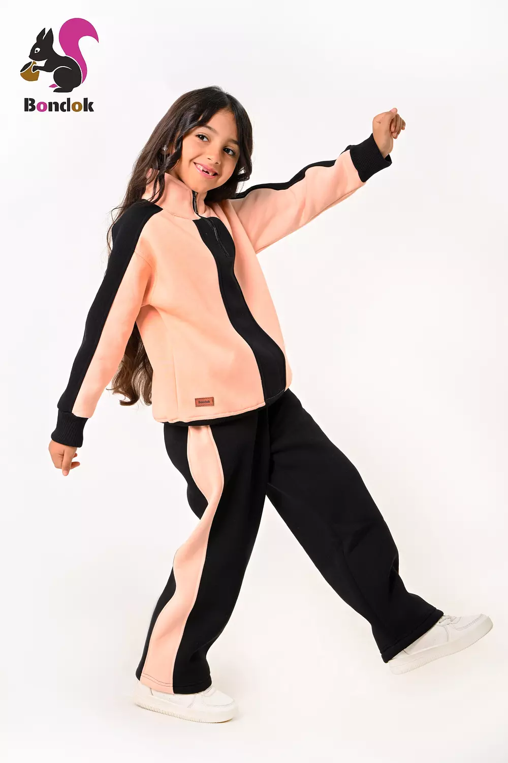 BONDOK Girls’ Winter Black-Strip Tracksuit – High-Neck Half-Zip Sweatshirt & Joggers Set  – Cozy Melton Fleece, Ages 4–14 2