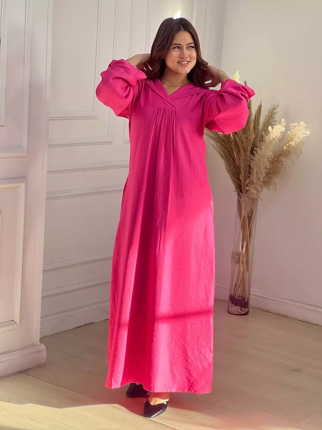 Hooded Linen Kaftan Dress - Pink 3