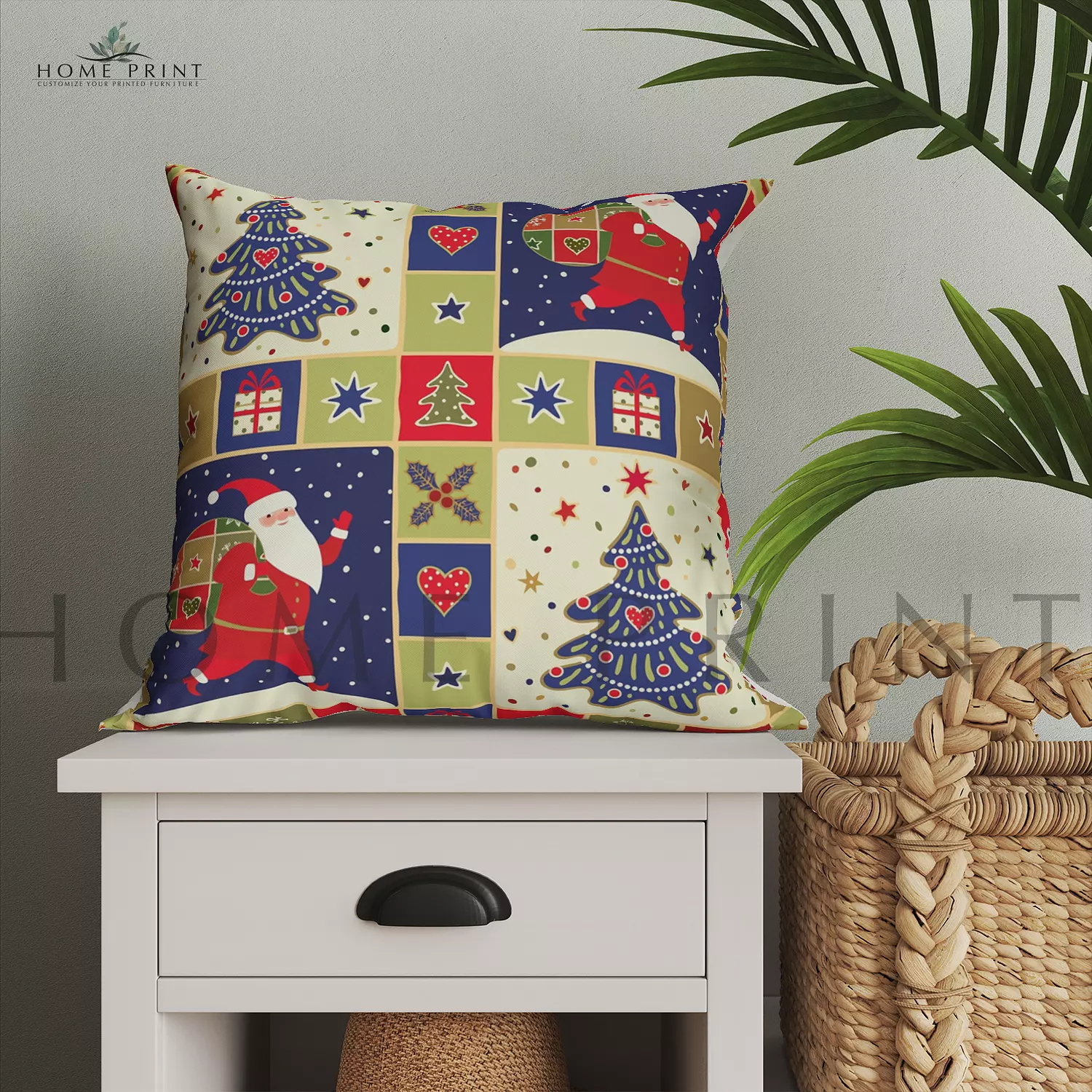 Christmas Cushion - Santa Claus and Christmas Trees - Multi color image