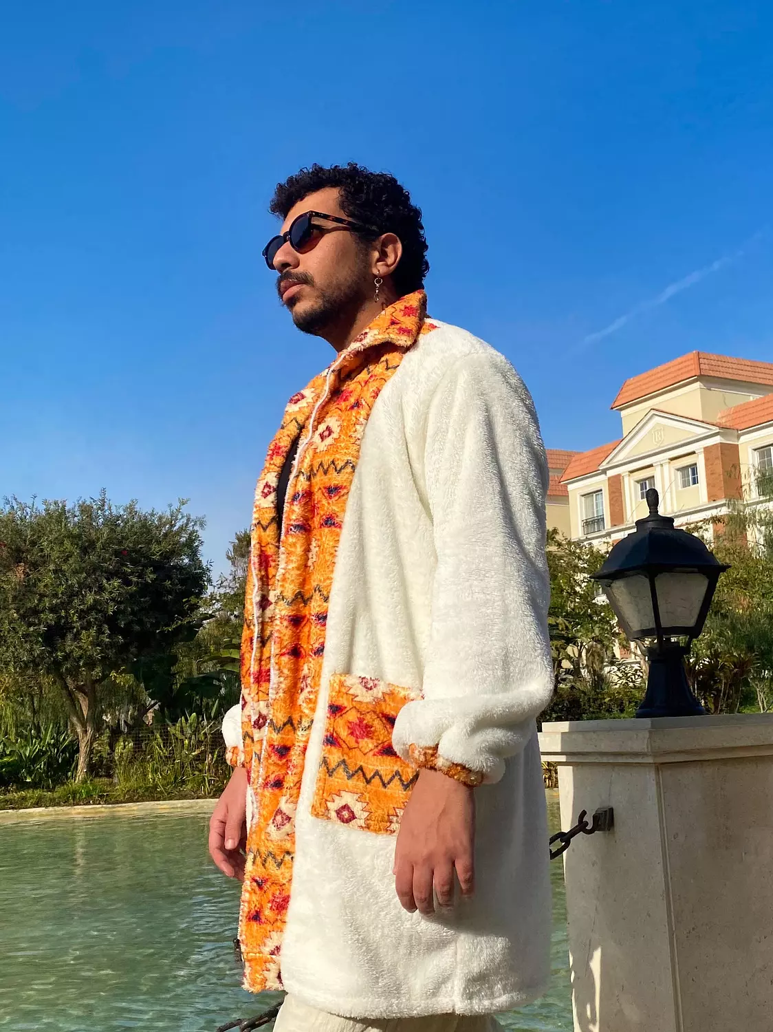 Ethnic White & Orange Unisex Fur Jacket image