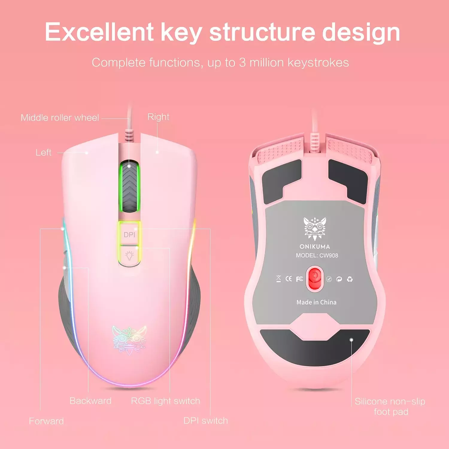 Wired Gaming Mouse, Up to 7200 DPI, RGB Lighting, Onikuma CW908 7