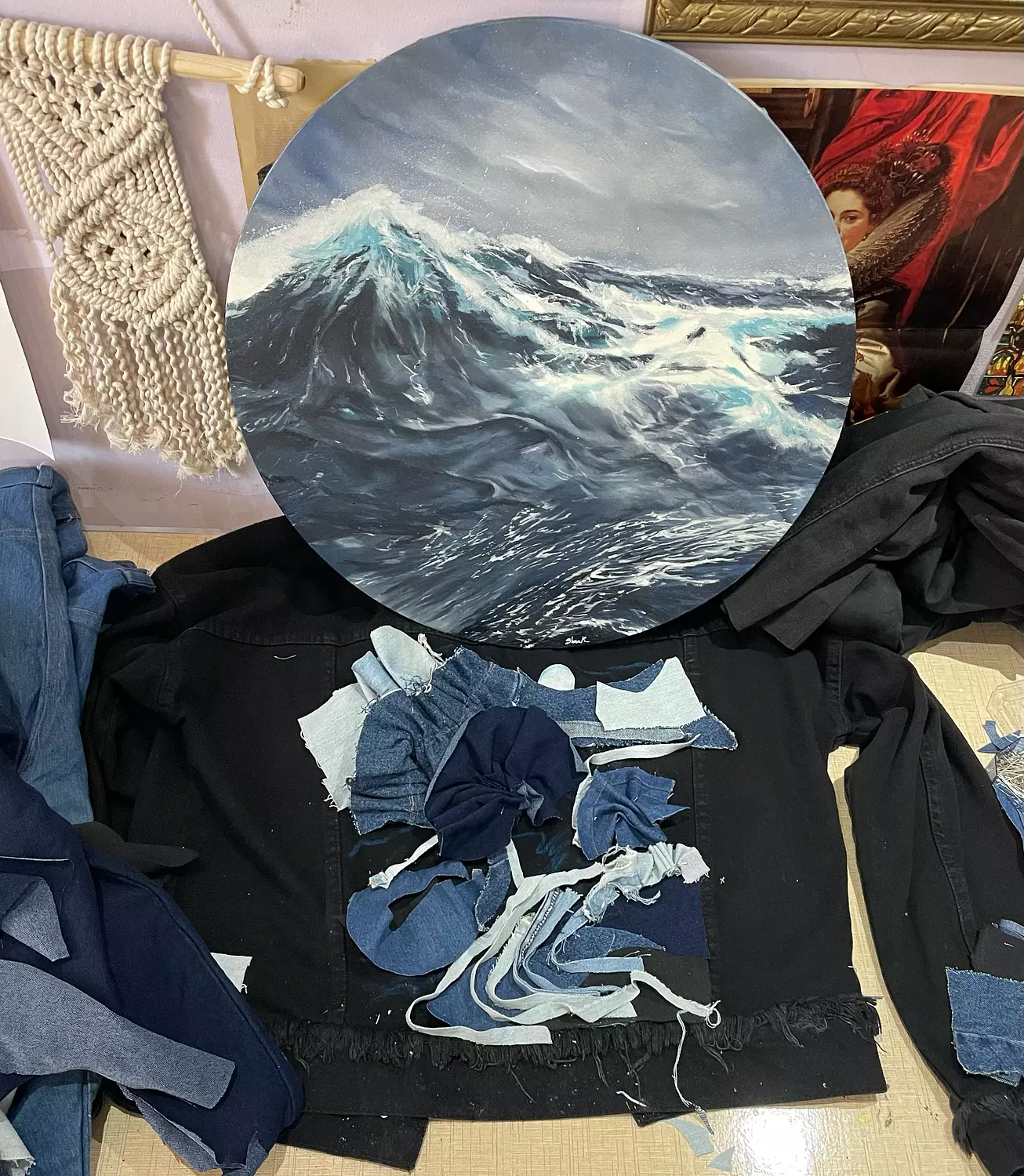 Beyond the blue” fabric collage & hand-embroidered denim jacket “ 5