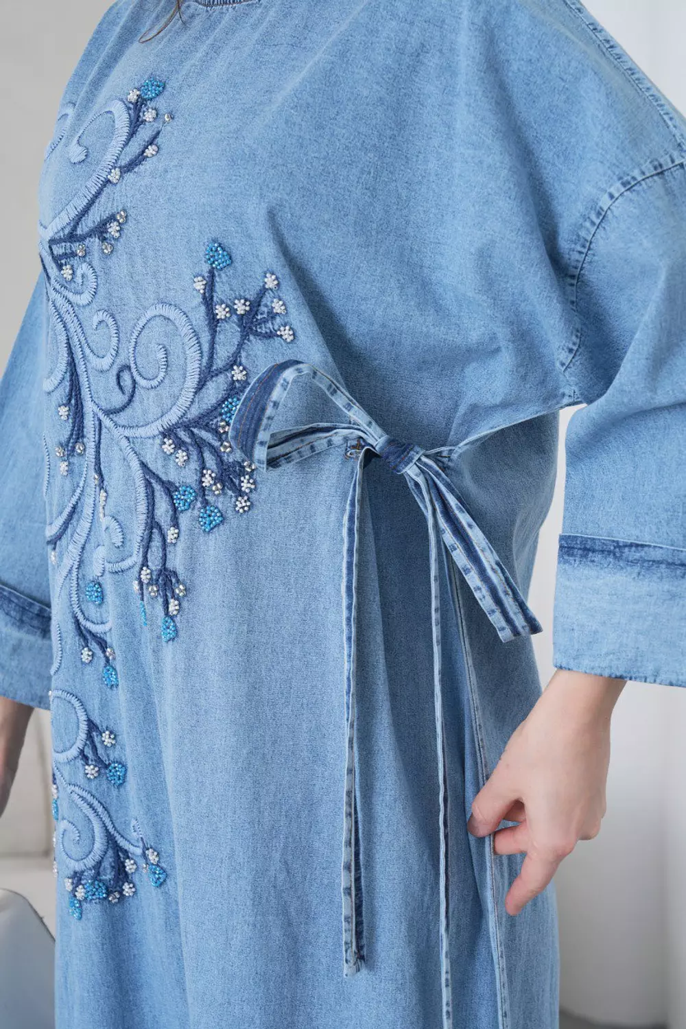 Light blue floral sequin embroidered denim dress with side tie  4