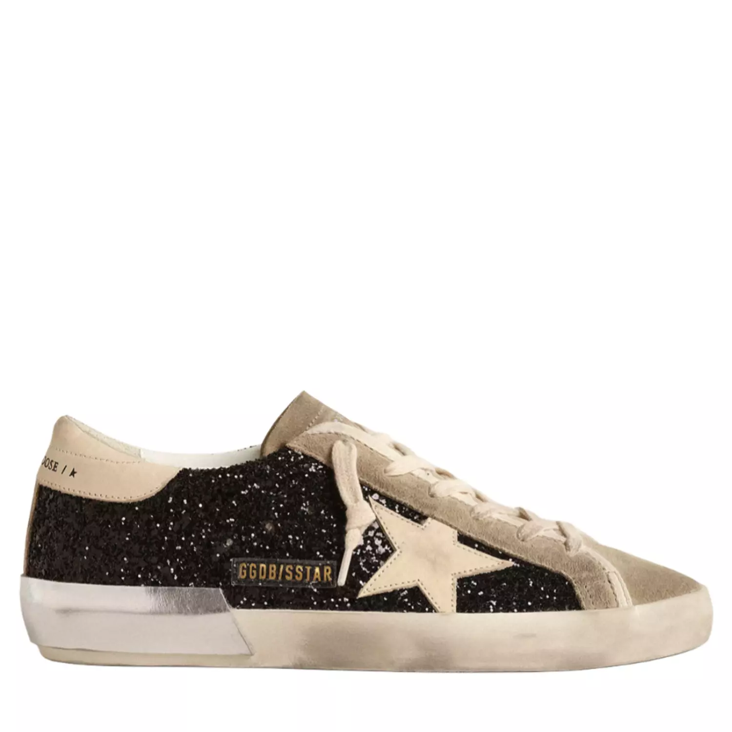 Golden goose Super-Star in black glitter with cream star and suede inserts image