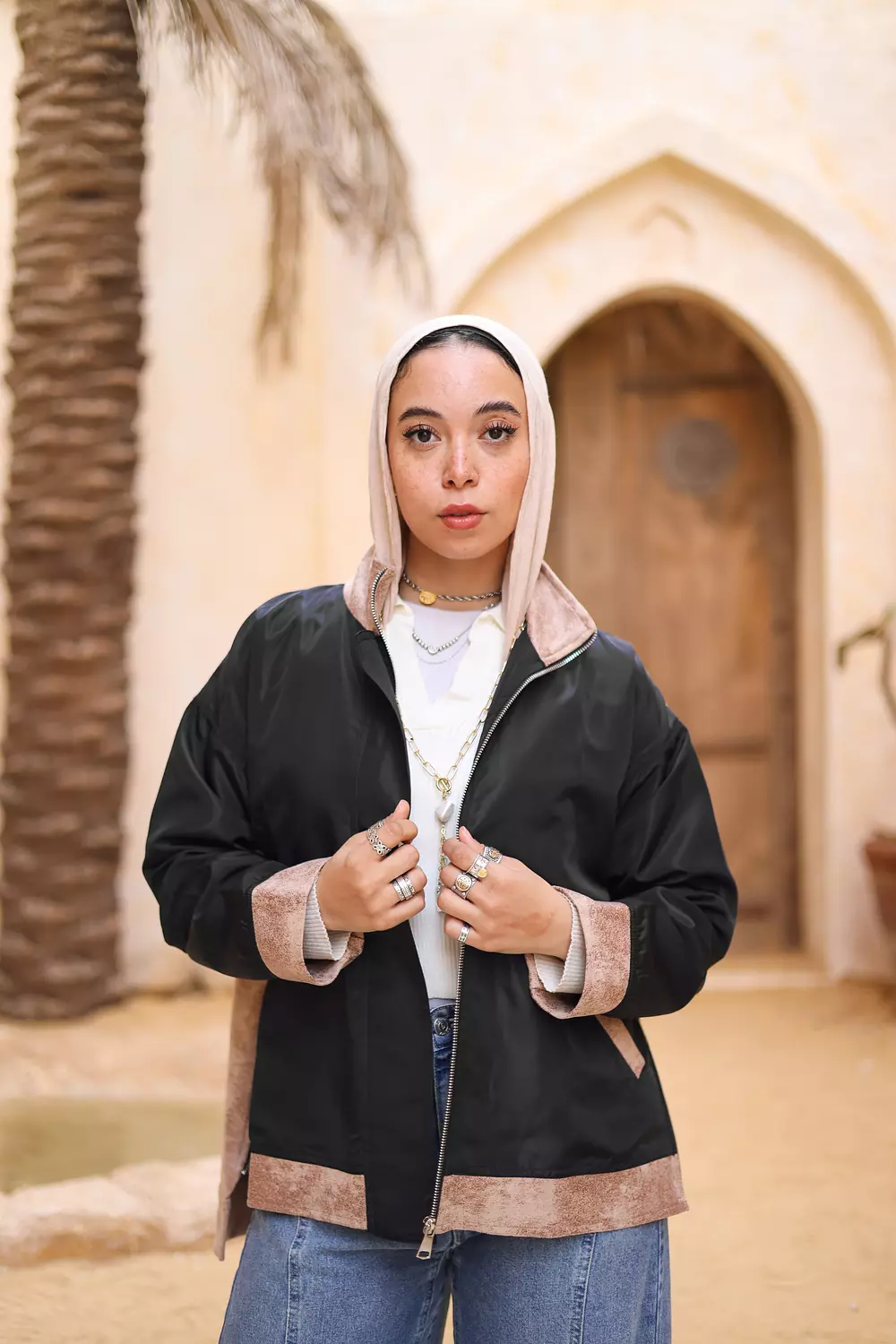 WATERPROOF & LEATHER JACKET IN BEIGE image