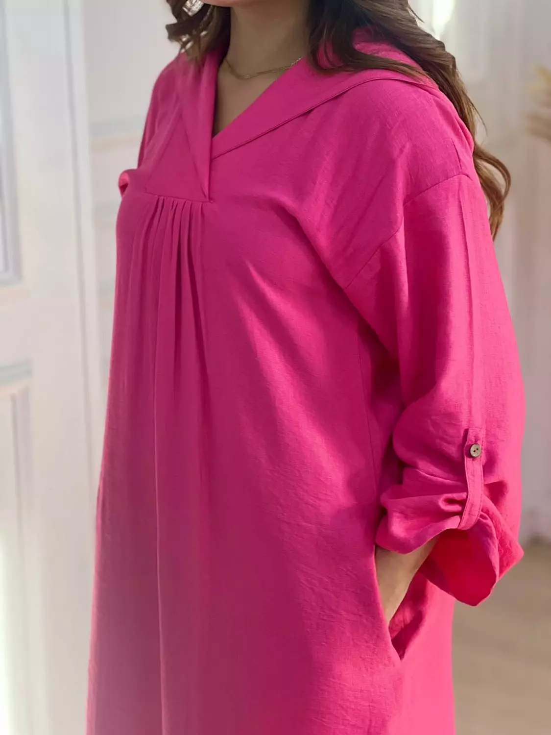 Hooded Linen Kaftan Dress - Pink 5