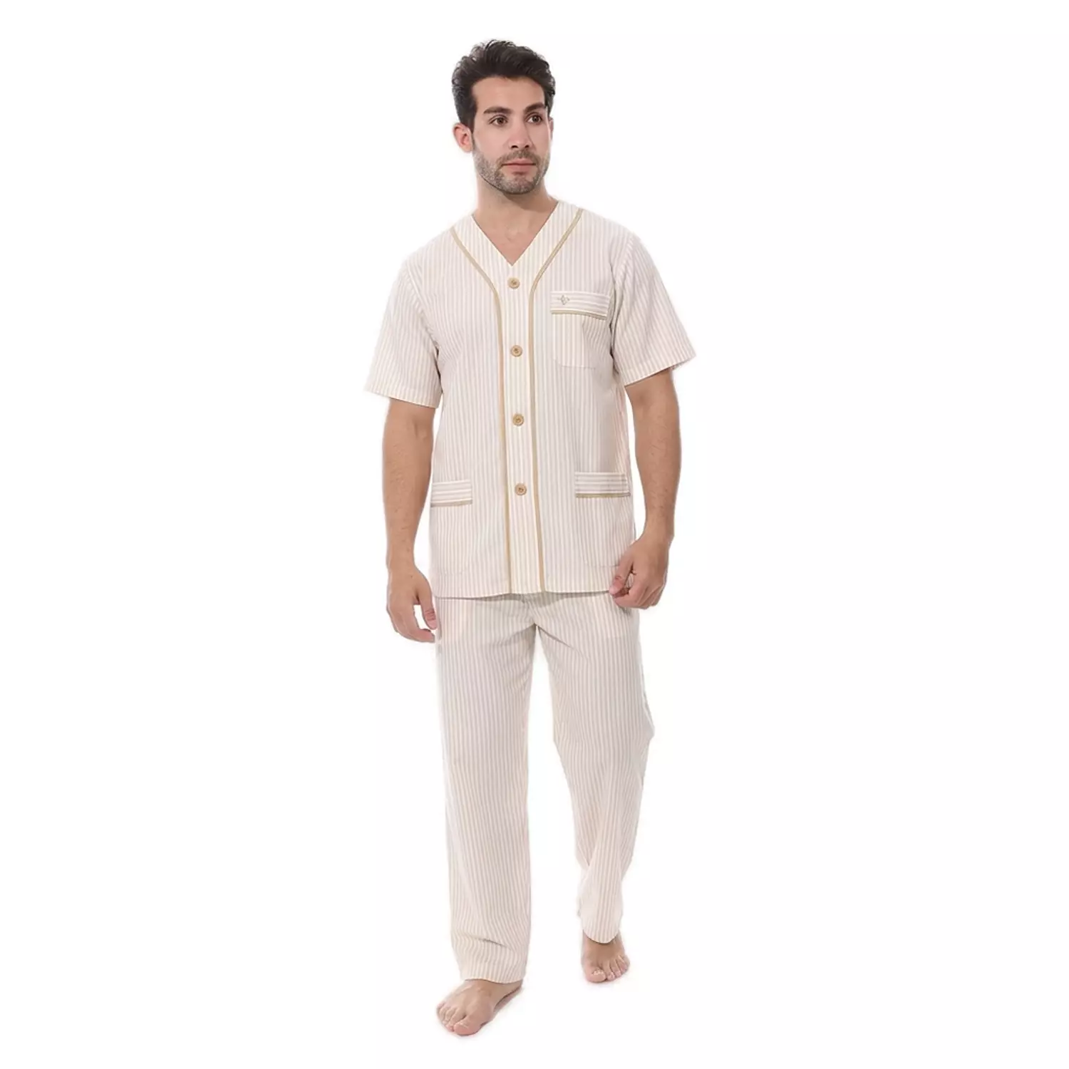 Men Classic Pajama Set - 2289 - Light Beige - 2 Stripe Beige image