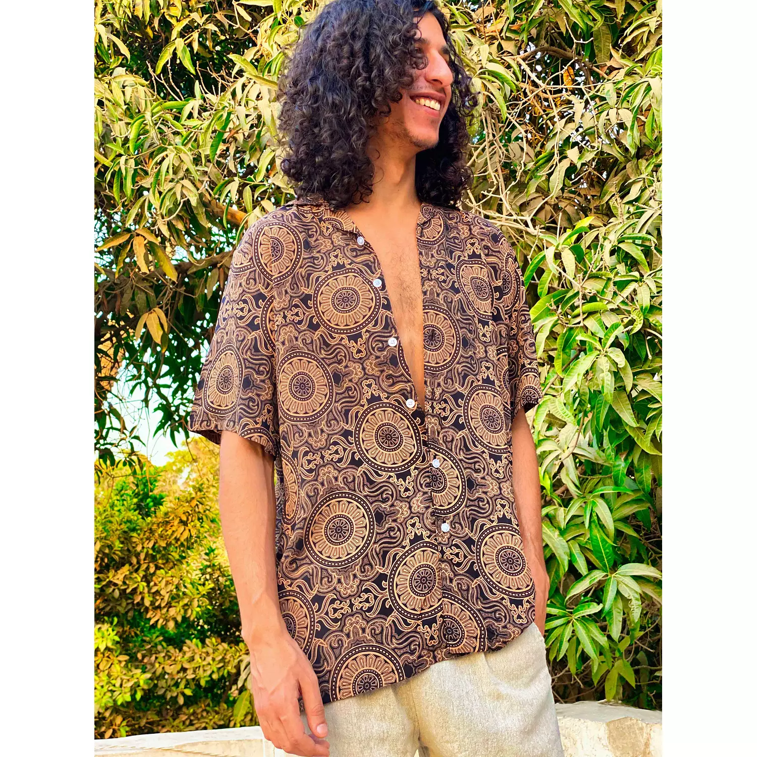 Loosefit Brown Patterned Viscose Shirt image