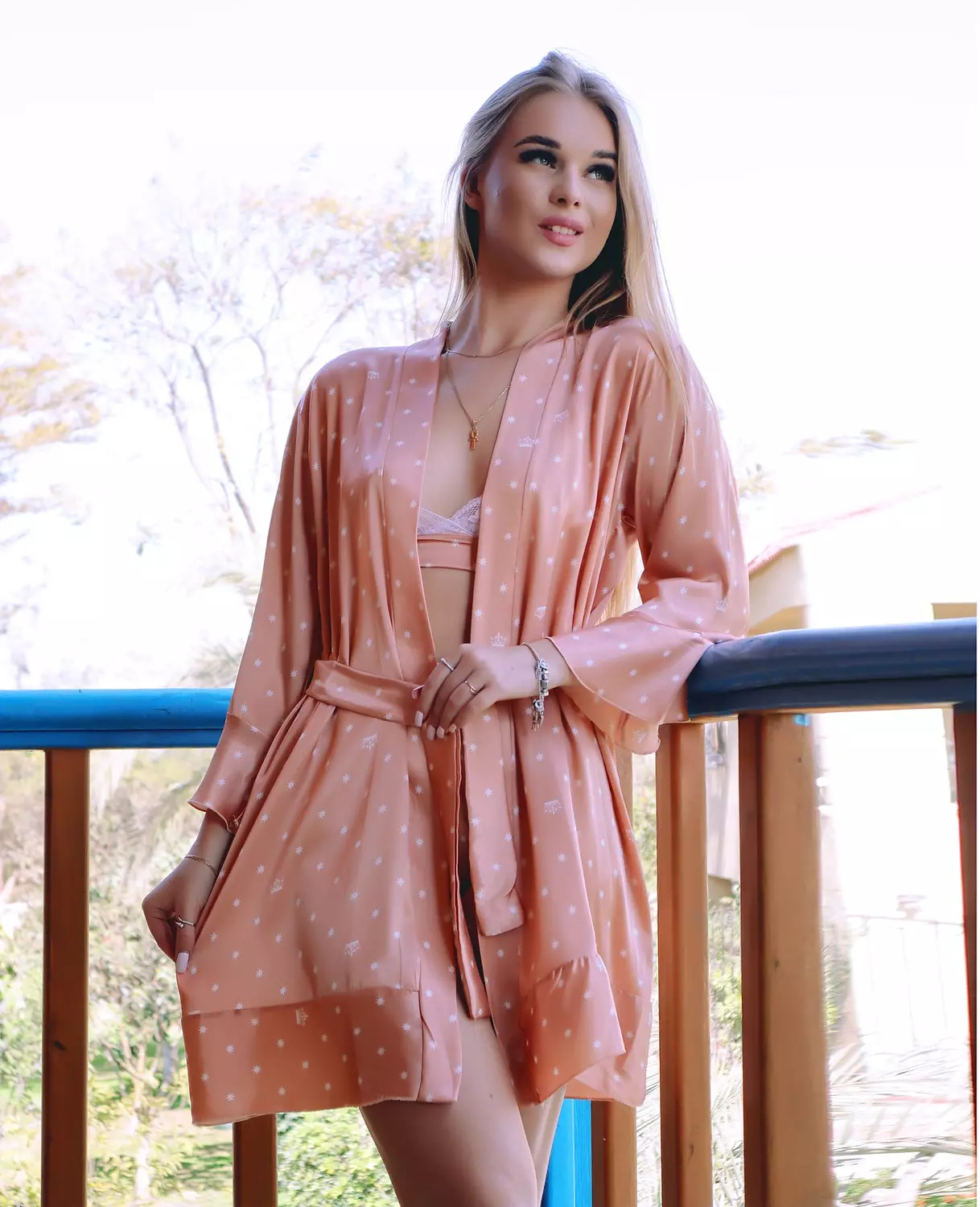 Star & Crown Print Satin Robe Set 14