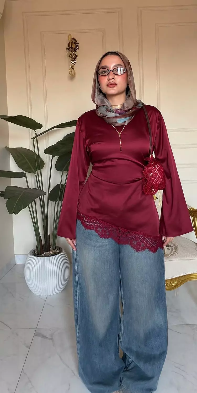 Lace-trim satin blouse 1