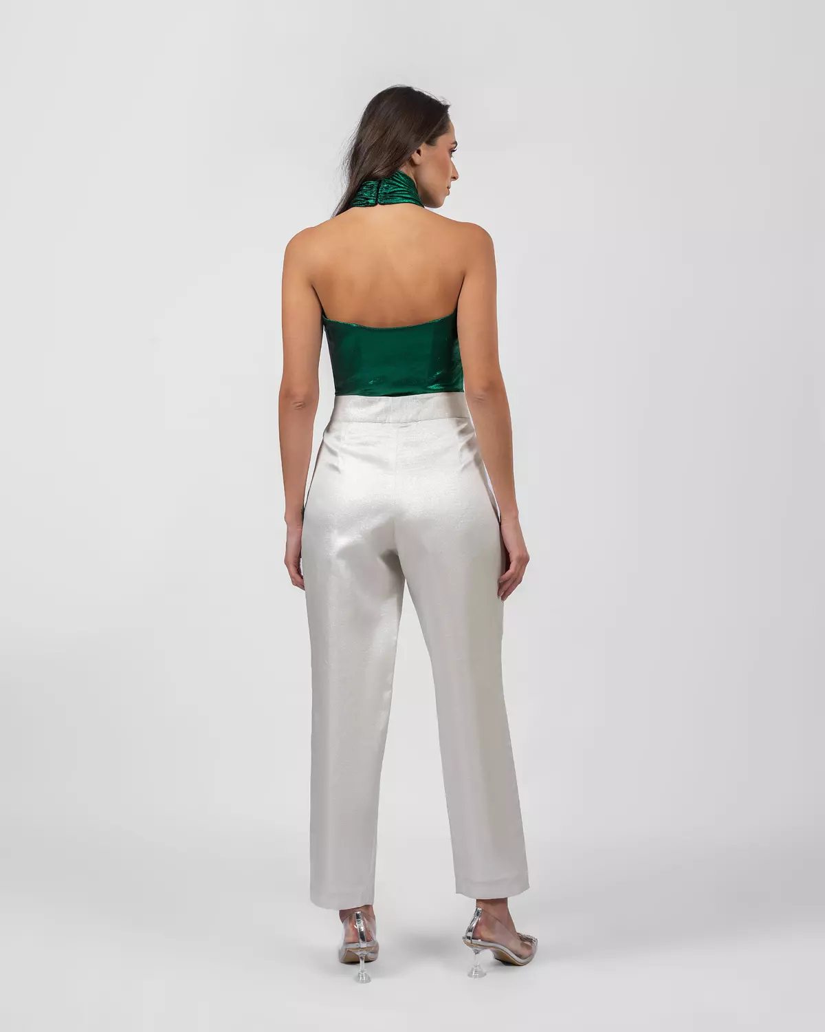 Shimmery white silk brocade trousers  6