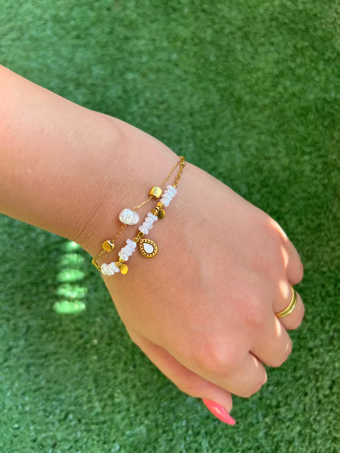 Double-Strand Pearl and Gold Charm Bracelet image