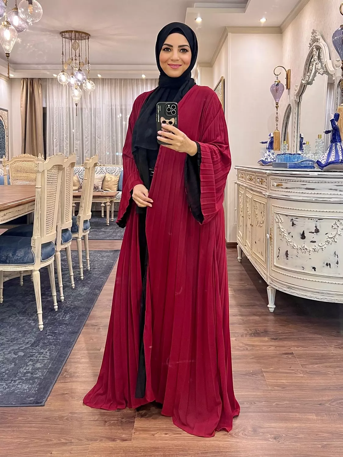 Double-faced Pleated Open Abaya- Black & Maroon 4