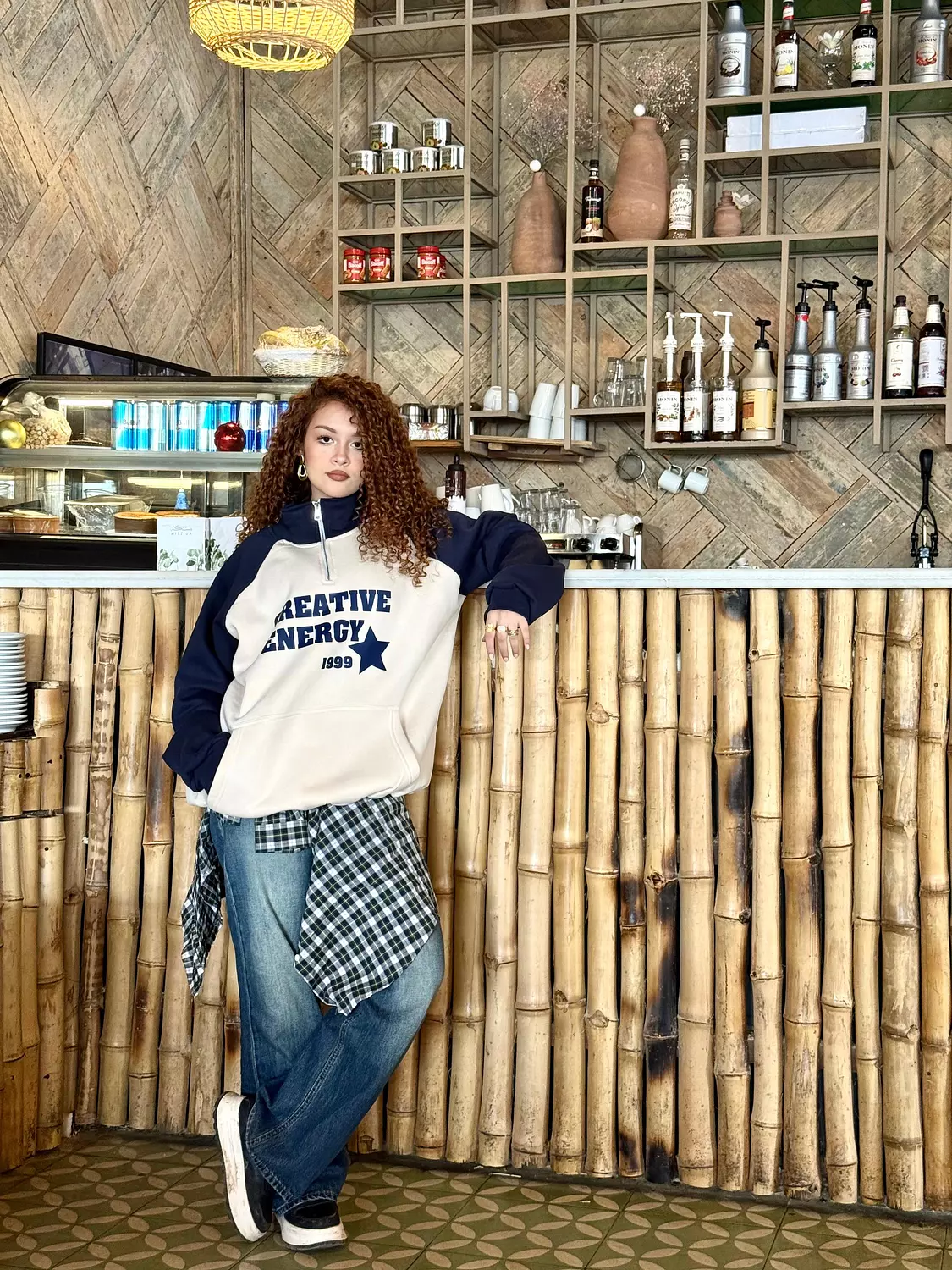 Half Zip Up Oversized Hoodie- Sleeve Tee  image