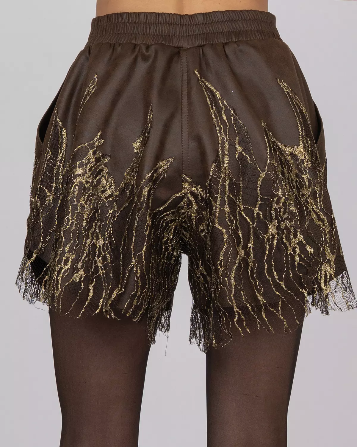 Brown Faux Leather Shorts with French Lace Hem 2