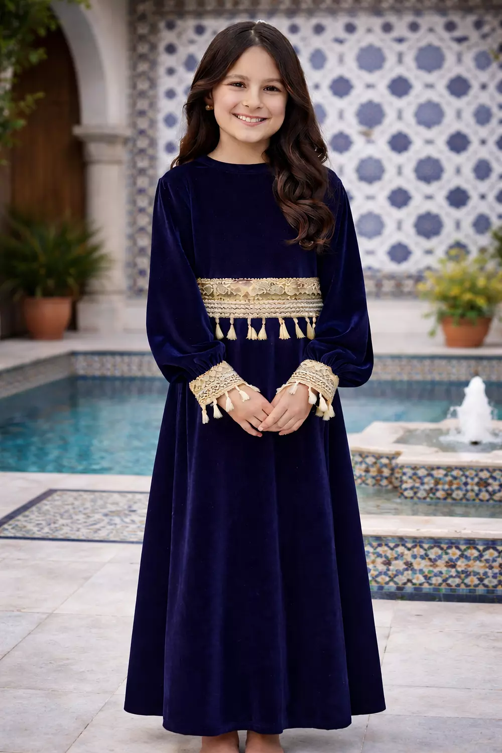 Girls Velvet Ramadan Dress with Separate Tassel Trim, Long Sleeve Islamic Abaya, Traditional Modest Maxi Dress for Kids 4