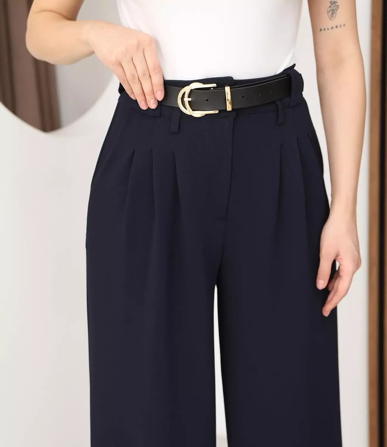 Black formal pants with gold buckle belt image