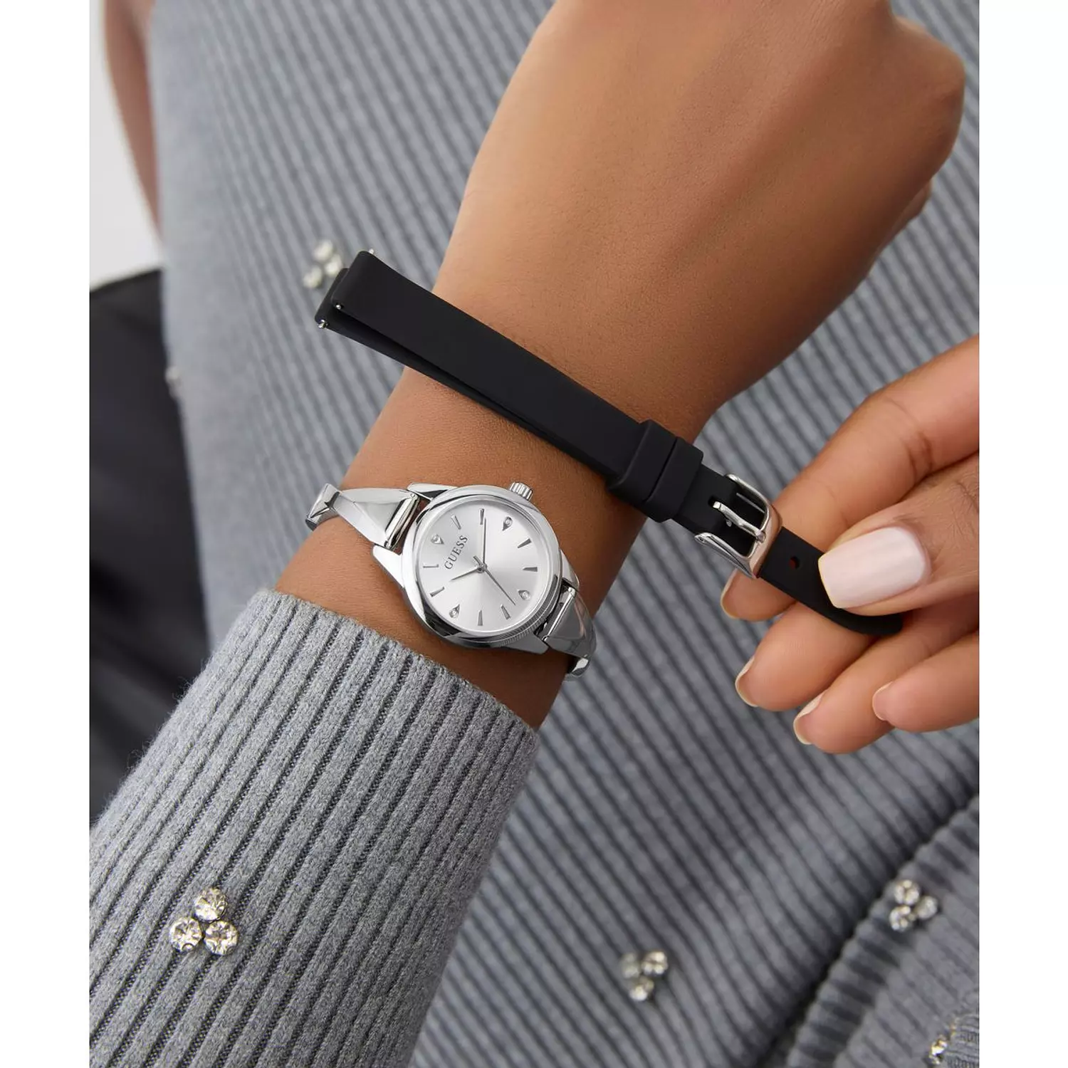 GUESS Ladies Silver Tone Analog Watch Silver Tone Recycled Steel & Genuine Leather Bracelet GW0951L1 2