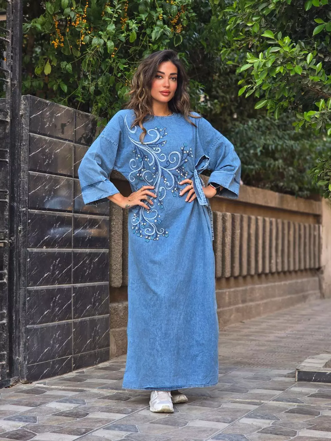 Blue Floral sequin embroidered denim dress with side tie 3