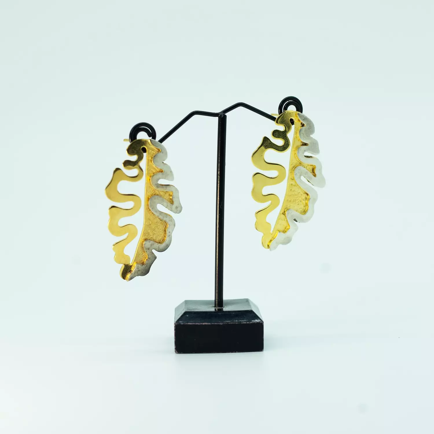 Two-layer copper earring, plated with matte and shiny gold and silver - mulberry leaf 4