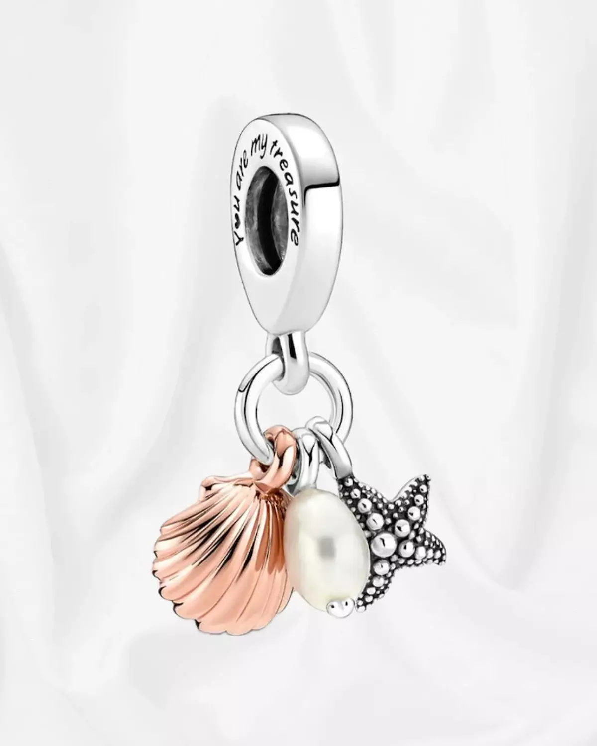 Treated Freshwater Cultured Pearl, Starfish & Shell Triple Dangle Charm image