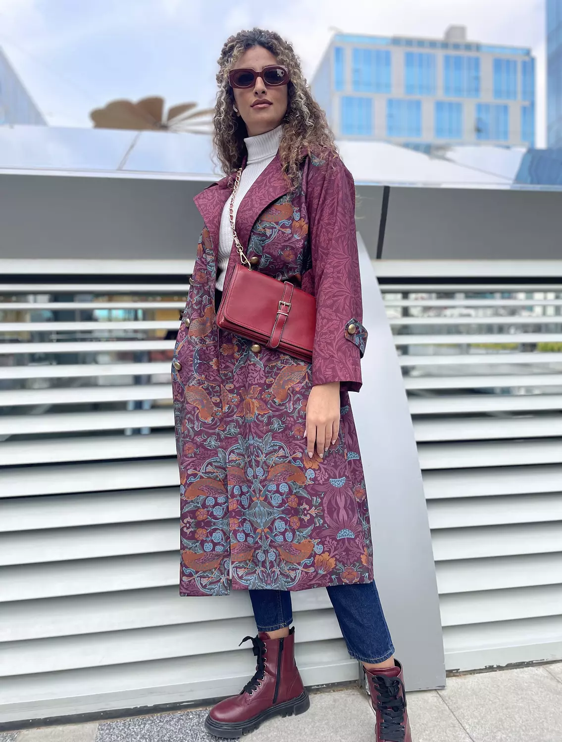 Burgundy Bird Trench Coat 9