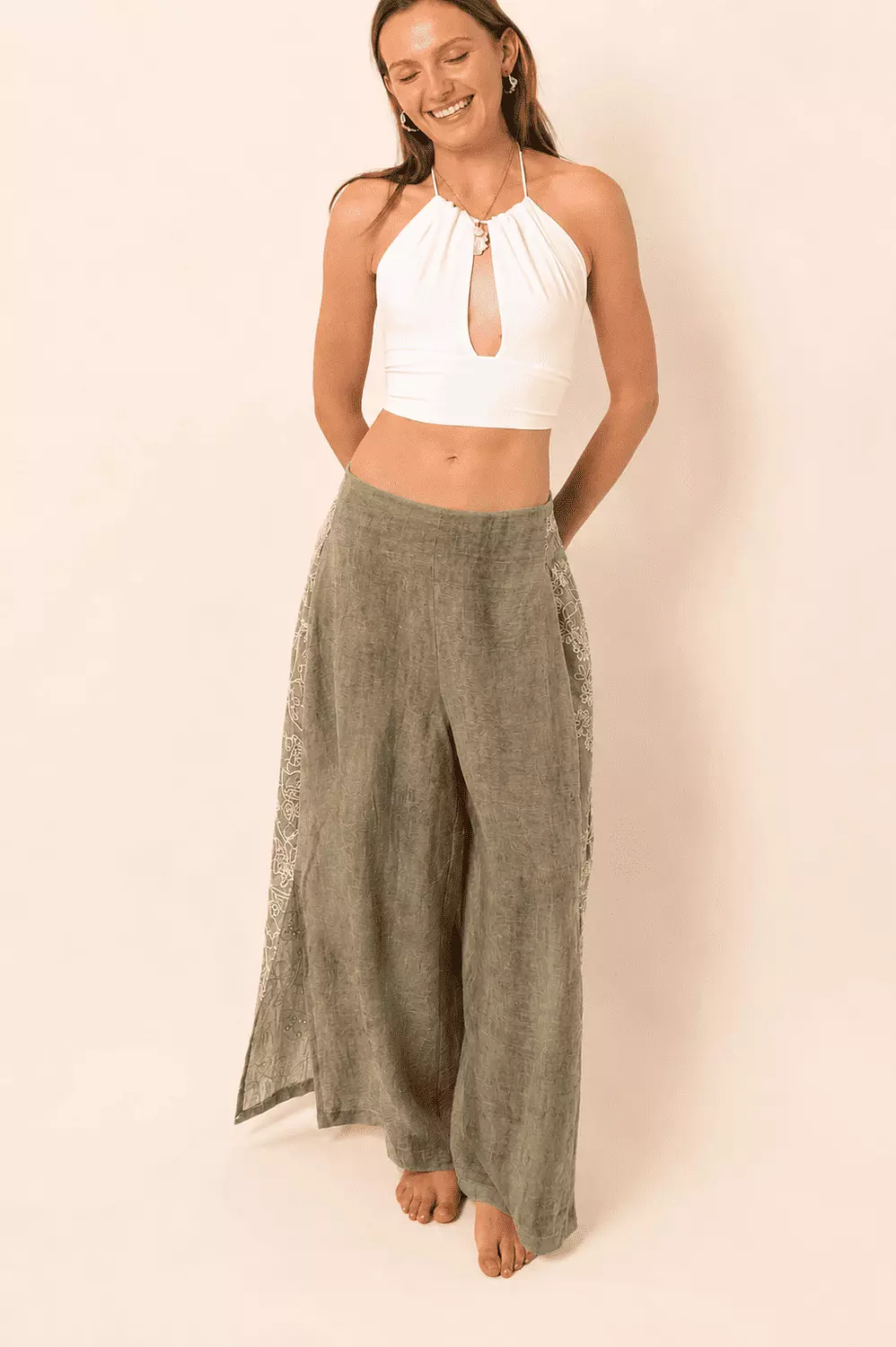 Wide-Leg Pants with side slits - Olive Green image